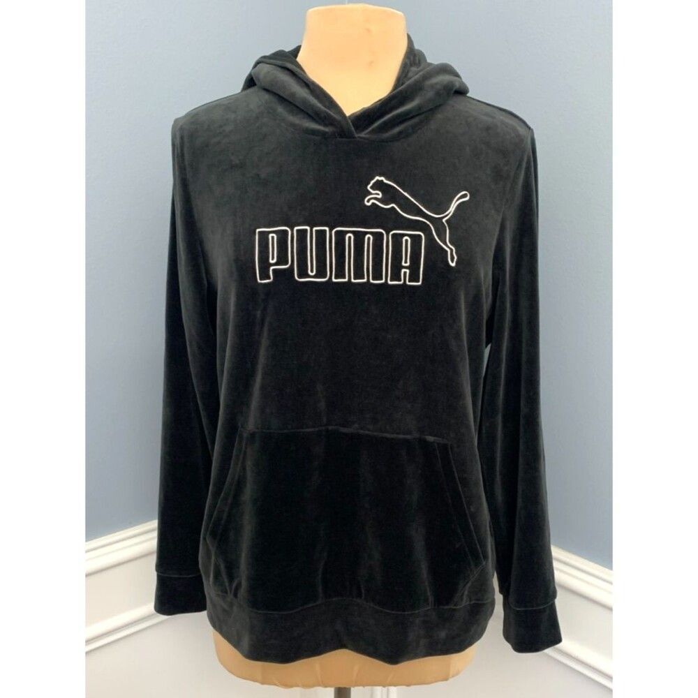 PUMA Hoodie Womens L Velour Velvet Plush Relaxed Embroidered Essentials Pullover